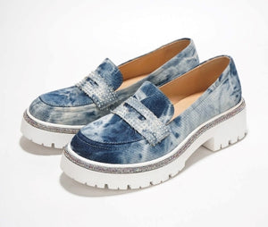 Bandia Rhinestone Lined Chunky lug Sole Denim Finish Women Loafers-Denim