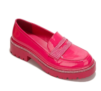 Bandia Rhinestone Lined Chunky lug Sole Patent-Denim Finish Women Loafers-Pink