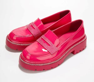 Bandia Rhinestone Lined Chunky lug Sole Patent-Denim Finish Women Loafers-Pink