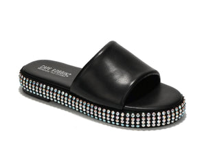 Cape Robbin Damdam Rhinestone coated Slip on Women Flat Slide Sandals-Black