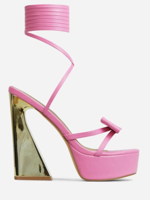 Lemonade Driving-Me-Crazy Lace Up Bow Detail Platform Metallic Flared Block Heel Party Shoes