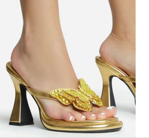 Lemonade Flying-High Thong Strap Diamante Butterfly Detail Flared Heel Mule