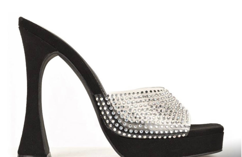 SO ME KARLEEN RHINESTONE SCULPTURED PLATFORM PEEP TOE FLARED HEEL MULE