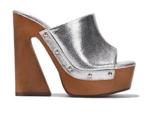 Cape Robbin Moika Square Toe Platform Sculptured Block Heel Women Mule-Silver