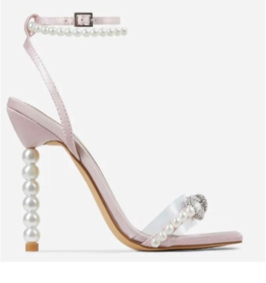 Lemonade Sweet-Dream Diamante Bow Detail Strappy Square Toe Clear Perspex Pearl Stiletto Heel