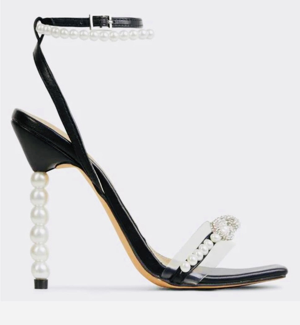 Lemonade Sweet-Dream Diamante Bow Detail Strappy Square Toe Clear Perspex Pearl Stiletto Heel