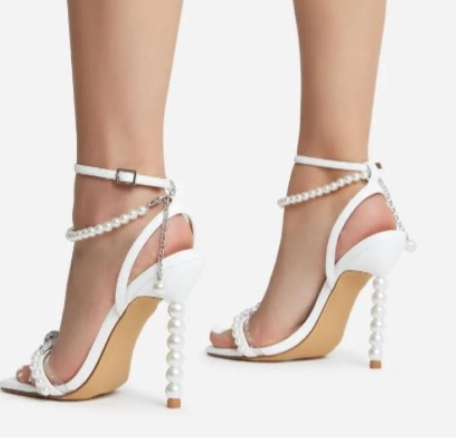 Lemonade Sweet-Dream Diamante Bow Detail Strappy Square Toe Clear Perspex Pearl Stiletto Heel